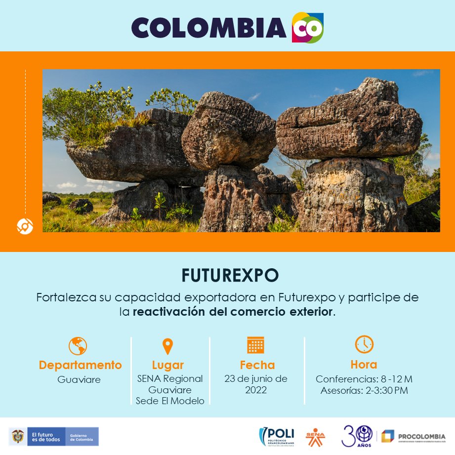 ezoonavi's tweet photo. Acompáñenos de manera presencial este jueves 23 de Junio en #FuturExpo #Guaviare de @PROCOLOMBIACO y conozca las herramientas necesarias para exportar @sena_guaviare @Poligran

Registro sin costo aquí: https://t.co/iweWR21knA https://t.co/YHhm0Nh27f