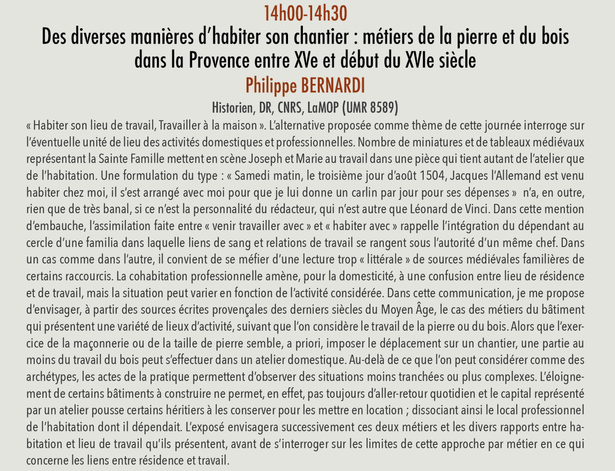 laboCoHabiter's tweet photo. Après une pause bien méritée, l'historien médiéviste Philippe Bernardi du labo @labo_lamop nous présentera une communication intitulée "Des diverses manières d’habiter son chantier : métiers de la pierre et du bois dans la Provence entre XVe et début du XVIe siècle"
Résumé ⤵️ https://t.co/fxiP4O6jnk