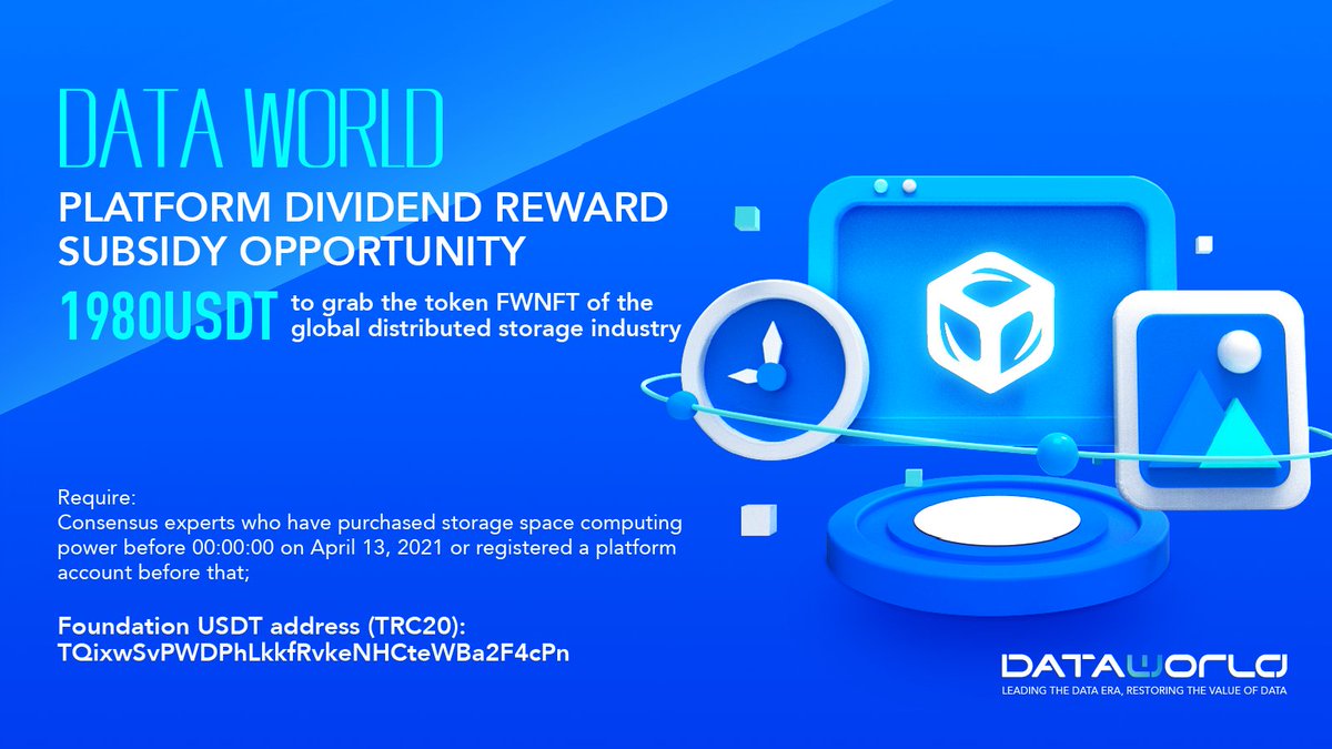 Data_World_'s tweet photo. If you has purchased #FILPOOL storage space calculator or registered before April 13, 2021, you will get the right to buy 1 #FWNFT for 1980 #USDT🪙

starting now, first come, first served, limited quantity!

Foundation #USDT address (#TRC20 )🎯: TQixwSvPWDPhLkkfRvkeNHCteWBa2F4cPn https://t.co/F1nCnwS0um