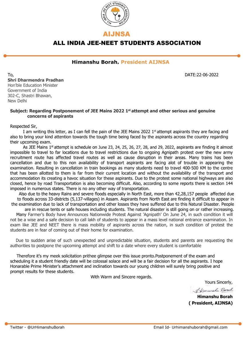 UrHimanshuBorah's tweet image. Respected @dpradhanbjp sir, #JEEMain2022 aspirants are facing tough times to appear in exam from tomorrow due to ongoing protests &amp;amp; severe floods.

Still 15hrs left for exams,kindly intervene &amp;amp; consider #DeferJEEMains2022 to save  their future. U r the last hope.