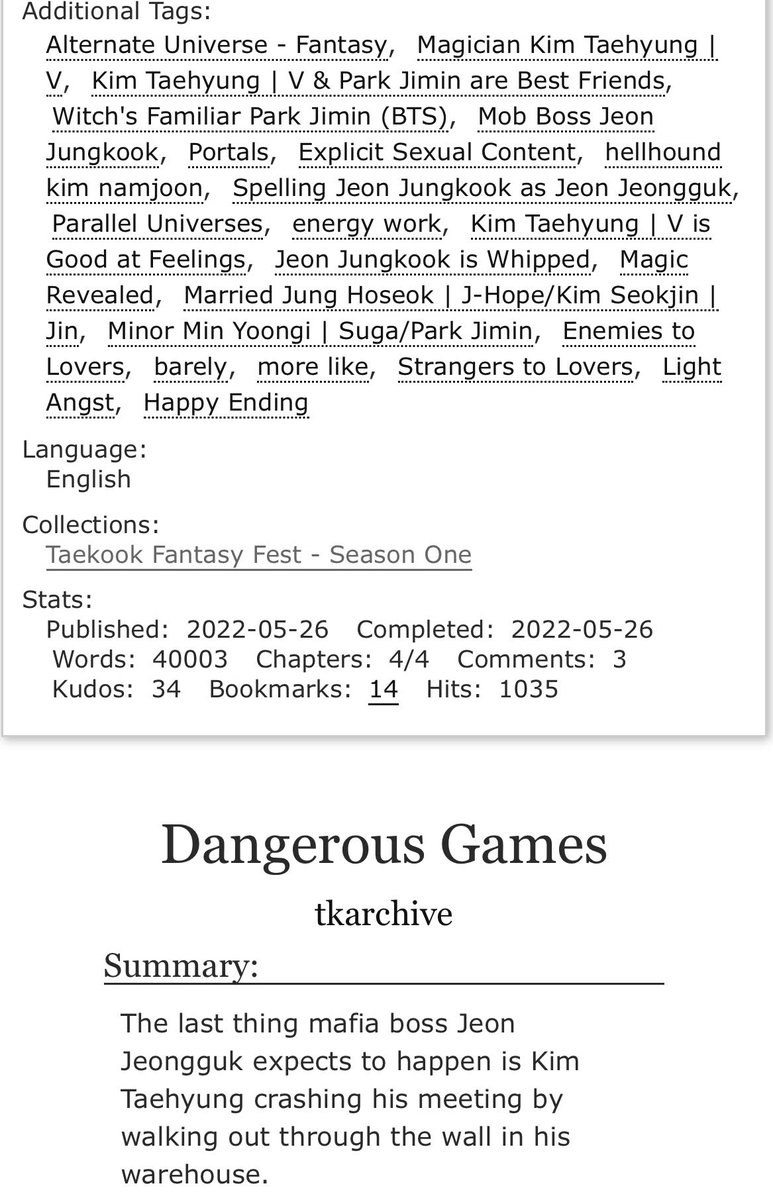 tkarchive2's tweet photo. #taekookau ; Dangerous Games 
> written for @tkfantasyfest 

> magician Kim Taehyung x mafia boss Jeon Jeongguk
> enemies to lovers
> slight angst, fluff, happy ending
> 🔞🔞🔞
> 40k, completed 
🔗https://t.co/EP725Gxuao https://t.co/dm5bF56IKC