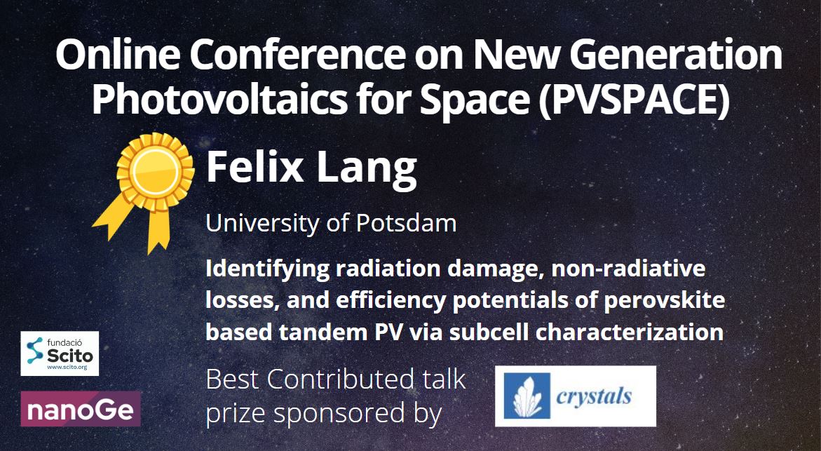 nanoGe_Conf's tweet photo. 🏆The Best Contributed Talk Prize given by @MDPIOpenAccess Crystals journal is for Felix Lang (@DrFLang) at the Online Conference on New Generation #Photovoltaics for Space (#PVSPACE).

Congratulations on your work! 🤩

👉https://t.co/2TSBkrh3q9 https://t.co/ecxBgljVp5