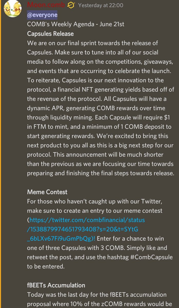 combfinancial's tweet photo. GM Bee's! ππ―
COMBs Weekly Agenda: June 21st
Capsules - Launch date #SOON π
Meme Contest - #CombCapsule Giveaway π
fBEETS Proposal - FINISHED β
οΈ https://t.co/v16gv7gbG3
