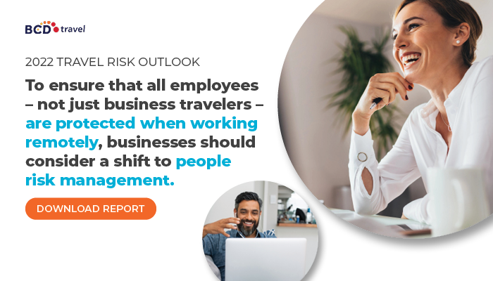 BCDTravel's tweet photo. A shift towards increased remote and hybrid working brings new challenges and #risks. That’s why businesses should consider a shift from travel risk to #PeopleRiskManagement. Download our 2022 Travel Risk Outlook report to learn more ➡️ https://t.co/qGUoPYaHxd https://t.co/GQ1ZFFTxJZ