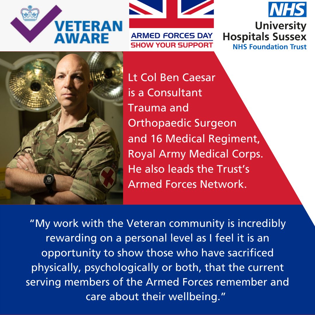 UHSussex's tweet photo. It's #ArmedForcesWeek, and we're celebrating our veteran, regular and reservist UK Armed Forces colleagues.

Today, we meet our @UHSussex_AF lead and orthopaedic surgeon, Ben Caesar.

As well as Steve Crump OBE, interim director of charities, and Coco Highton, medical secretary. https://t.co/EDI7RmRMQk