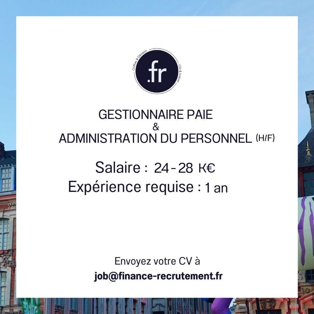 FRecrutement's tweet photo. 🚨JOB ALERT !🚨

Nouvelle opportunité professionnelle de Gestionnaire Paie &amp; Administration du Personnel (H/F) en CDI sur Lille. Rémunération 24-28K€. Vous disposez d’une expérience d'au minimum d'1 an. 

N’hésitez pas à postuler sur notre site : https://t.co/y9CwMSLaBH https://t.co/mzWKAwXNWE