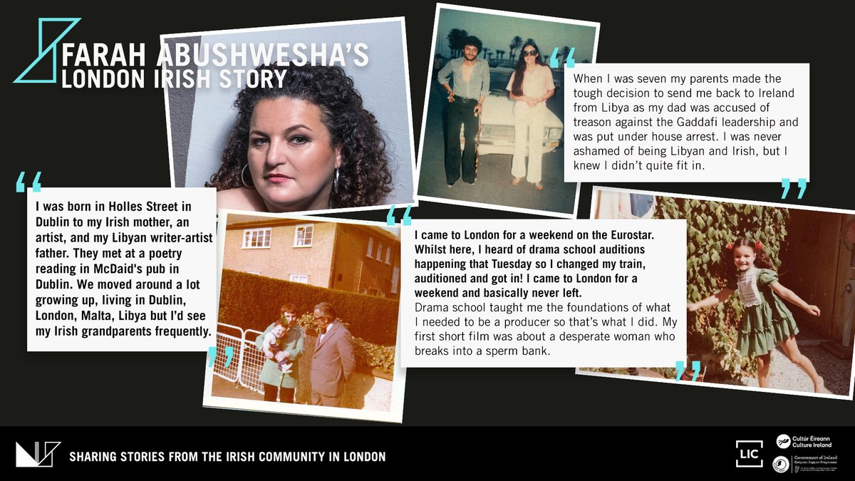 Farah is a film producer, author and founder of the BAFTA Rocliffe New Writing Forum. She shares her story growing up in Libya and moving to Ireland before settling in London. Read her story here: londonirishstories.com/posts/farah-ab…