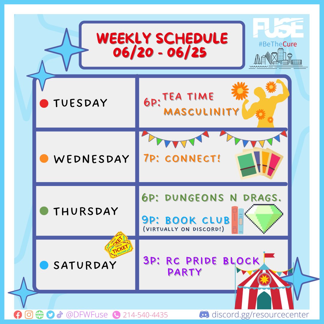 Apologies for the delay! Here is our calendar for the week!  

Fuse is a Social Group for 18-35-year-old guys who like other guys!

#DFWFuse #DFWFuse #gay #gaydallas #dallaslgbt #dallaslgbtq