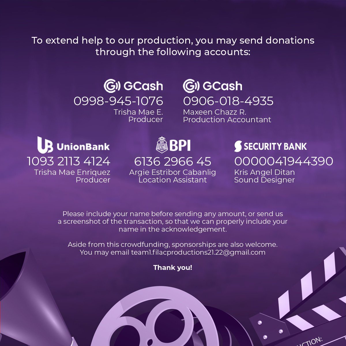 Hello! I am Josh, a film student, and currently, we're crowdfunding for our film project! If you have some money to donate, it will help us to fund our film! Thank you so much huhu! 

Here are the fund details below and make sure to include my name when donating!