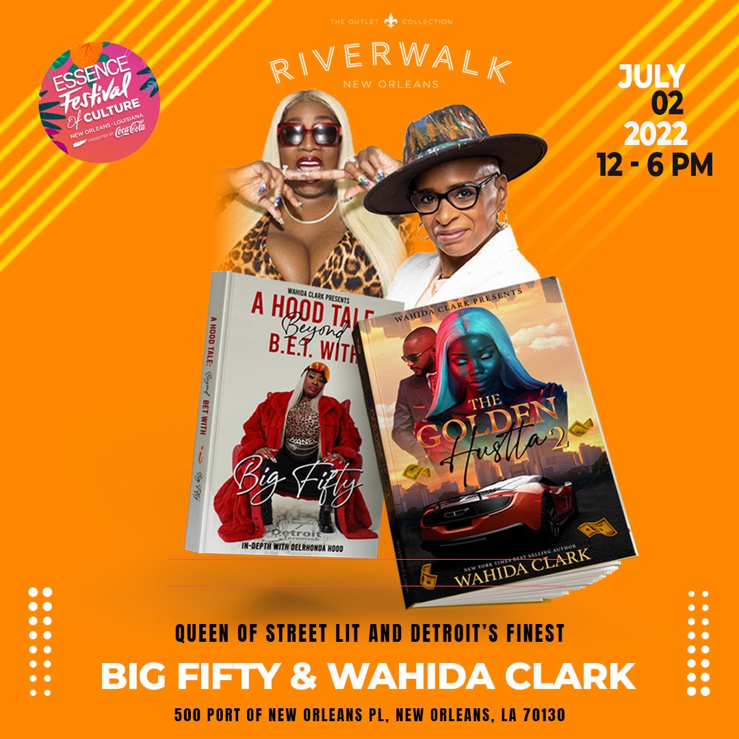 TeamWCP's tweet photo. New Orleans where y’all at 👀? The Official Queen of Street Lit, Wahida Clark will be bringing Big Fifty to the city! Catch them both at the Book Boutique on Saturday 7/2 and then at the Essence Festival Sunday 7/3.
#bigfifty
#streetlit
#urbanfiction 
#wahidaclark 
#betplus https://t.co/g1unZEYR9K