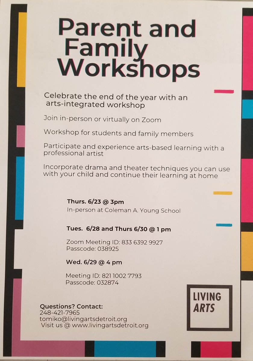 Parent &amp; Family Workshops
Celebrate the end of the year with an arts-integrated workshop! The dates are Thursday 6/23, Tuesday 6/28, and Wednesday 6/29. See flyer for details!