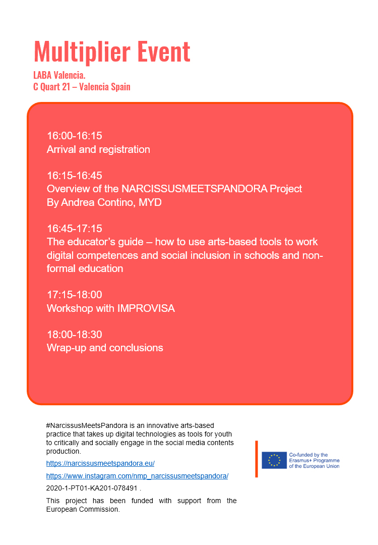 TODAY Multiplier Even #narcissusmeetpandora!
4 PM
at #LABAValencia School.
Innovative Erasmus+ project that takes up digital technologies as tools for youth to critically engage in social media content production.
#MyDocumenta  
+ info: narcissusmeetspandora.eu