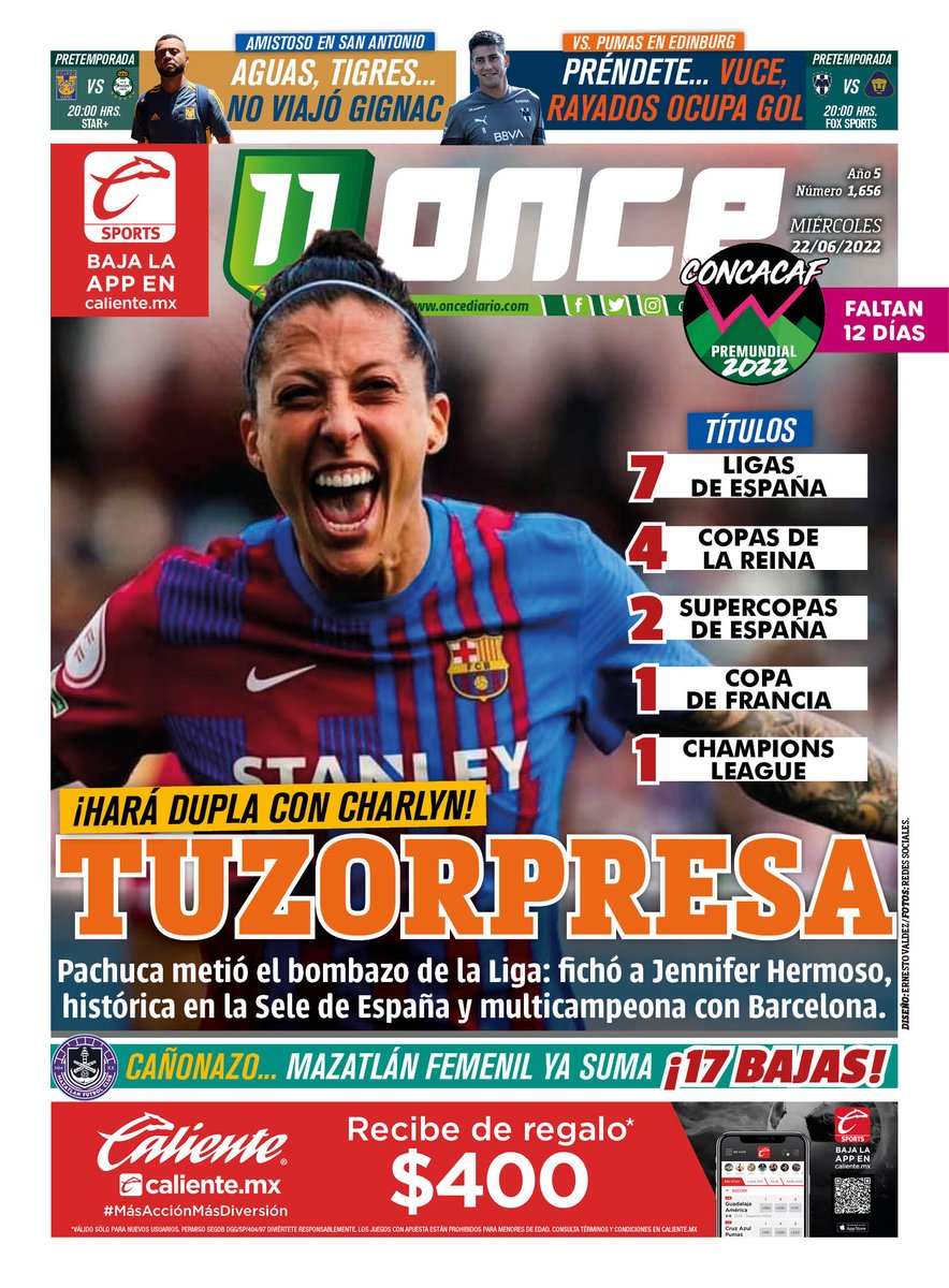 david_menayo's tweet photo. La prensa de México amanece en portada con el fichaje de Jenni Hermoso por Pachuca. No saben la joya que se llevan, espero que la cuiden... https://t.co/T0XnVGrhS0
