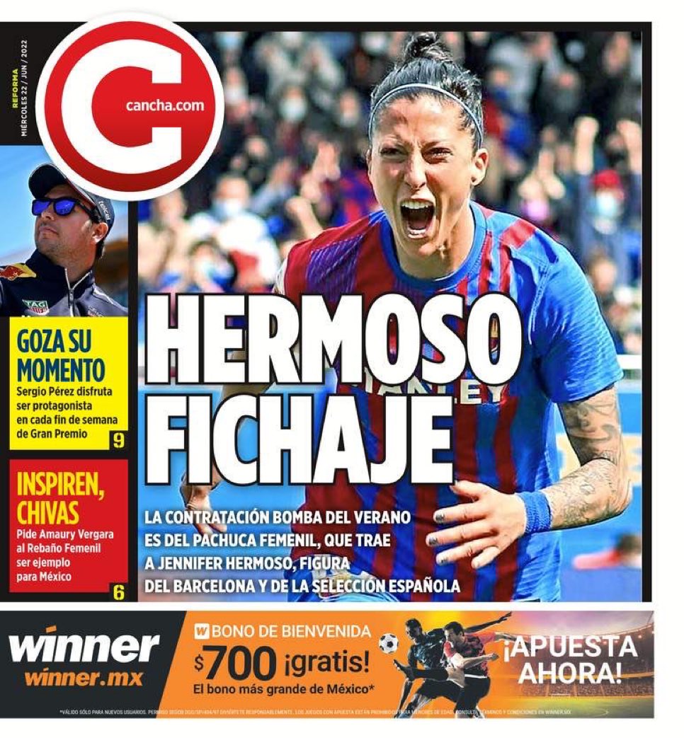 david_menayo's tweet photo. La prensa de México amanece en portada con el fichaje de Jenni Hermoso por Pachuca. No saben la joya que se llevan, espero que la cuiden... https://t.co/T0XnVGrhS0