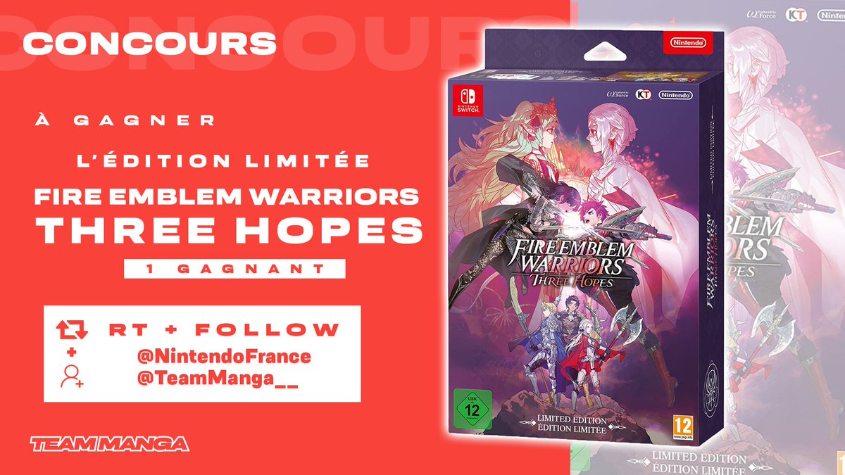 TeamManga__'s tweet image. 🎁 CONCOURS 🎁

Nous vous faisons gagner une édition limitée de #FireEmblem Warriors: Three Hopes !

Pour participer :
-  RT et Like le tweet
-  Follow @NintendoFrance et @TeamManga__ 

TAS 01/07 🍀