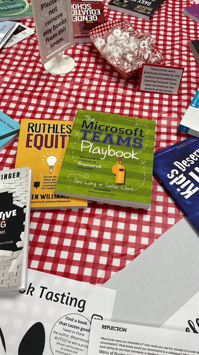 The idea of book tasting at <a href="/LearnTexas/">LearningForwardTexas</a> is such a great and unique idea. Huge shoutout to all the authors that donated their book for us to review…especially <a href="/Jenallee1/">Jenallee 💜</a>! #LFTX22