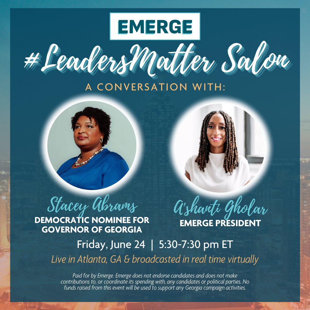 Emerge_PA's tweet image. Join us for a conversation with the Democratic Nominee for the Governor of Georgia Stacey Abrams and Emerge President A'shanti Gholar this Friday June 24th! Please click this link to register for this event: secure.actblue.com/donate/epastac…