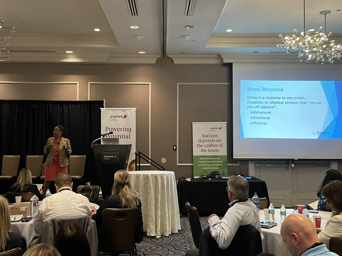 barbeflanagan's tweet photo. @Aramark we had an excellent speaker today at the East Region Meeting.  Dr. Beverly Richards helped us understand how to deal with stress.  Great session.  @K12Aramark https://t.co/M3HdWG62ah