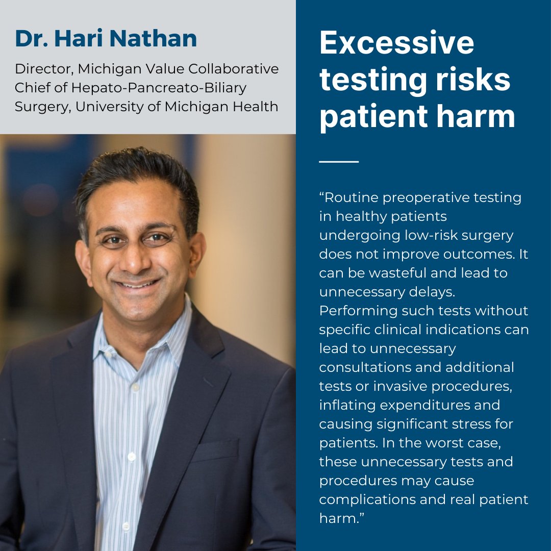 michiganvalue's tweet image. Routine preoperative testing in healthy patients undergoing low-risk surgery does not improve outcomes and risks real patient harm, says Dr. Hari Nathan. Learn how MVC is helping hospitals examine their testing rates: bit.ly/3Nd7Xxl
#PreopTestingWeek  #QITwitter