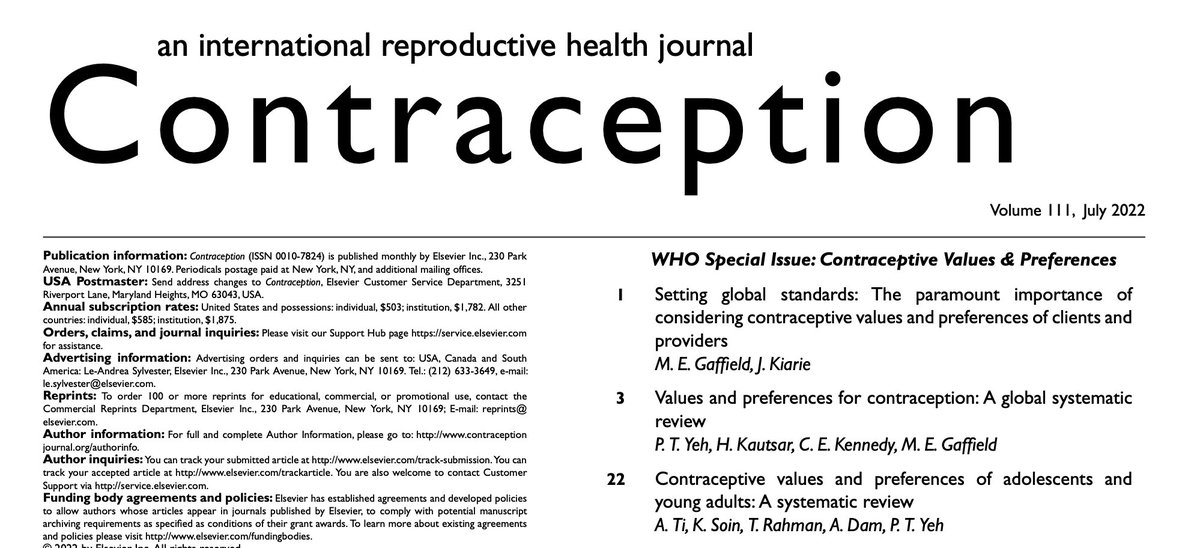 Hot off the press: @WHO 's Special Issue on Contraceptive Values & Preferences with open access links to relevant systematic reviews. Nice to see Anita Dam's article on youth preferences too.

#contraception #contraceptivechoice #SRH

bit.ly/3bhcQYQ