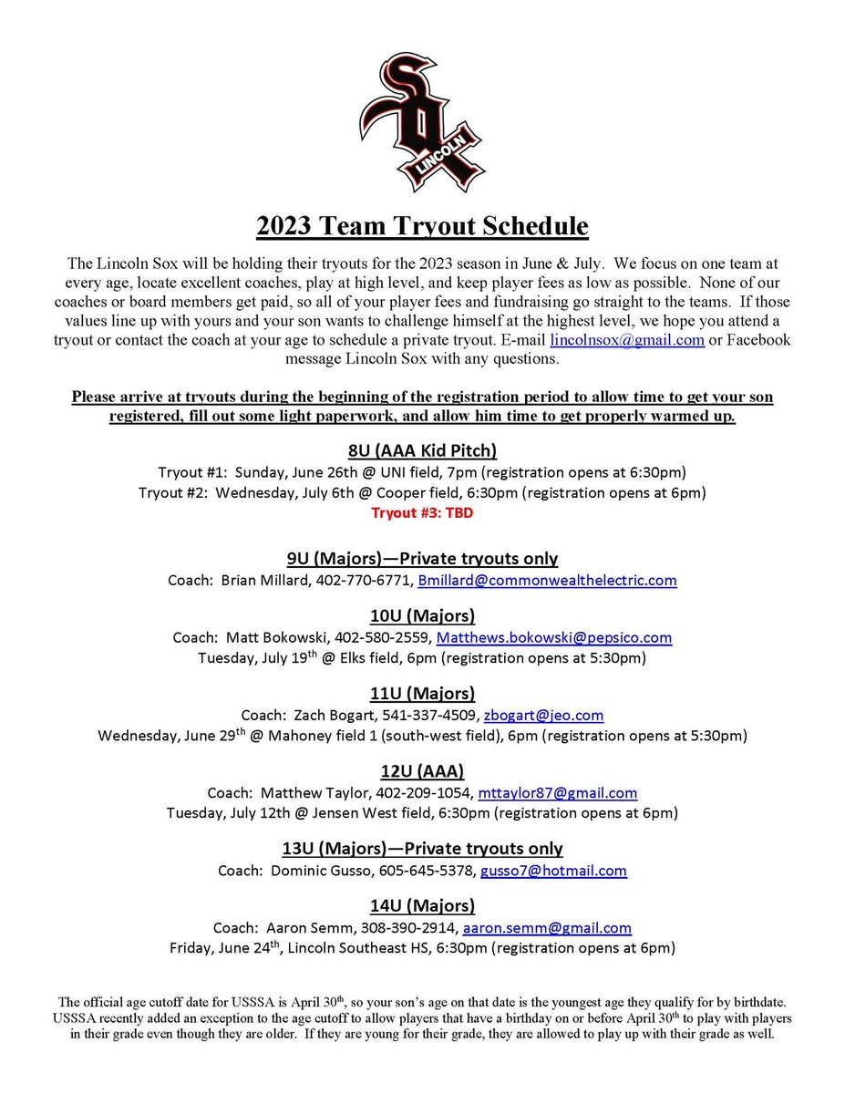 🚨 new update 2023 tryout flyer 🚨 

Added a 2nd 8U tryout and the 14U tryout for this Friday