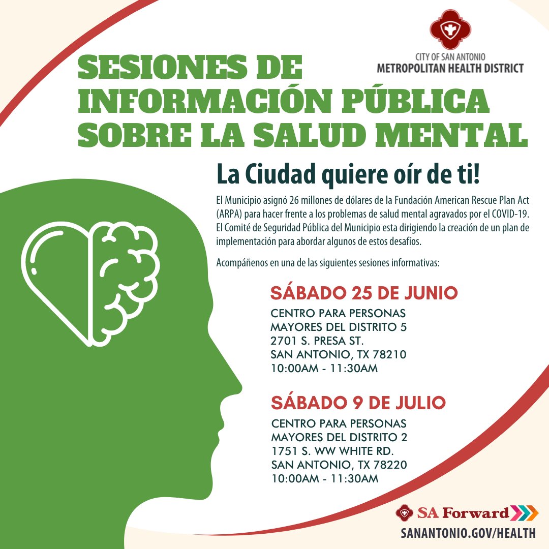 SAMetroHealth's tweet image. El Municipio asignó $26 millones de la Fundación American Rescue Plan Act (ARPA) para hacer frente los problemas de salud mental agravados por el COVID-19. El Comité de Seguridad Pública del Municipio dirigirá el plan de implementación para abordar algunos de estos desafíos.