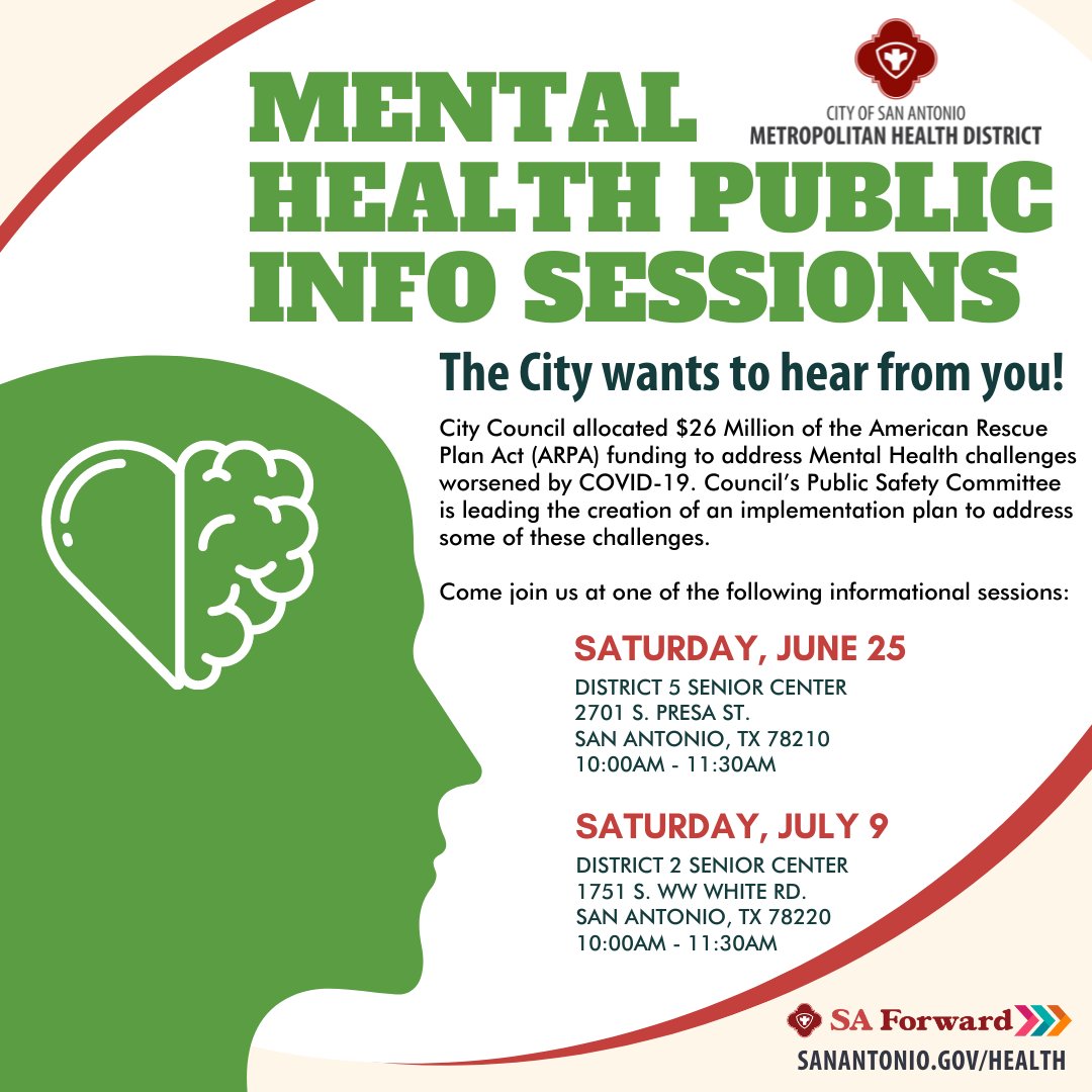 SAMetroHealth's tweet image. The City wants to hear from you! City Council allocated $26 Million of the American Rescue Plan Act (ARPA) funding to address Mental Health challenges worsened by COVID-19. Council&apos;s Public Safety Committee will lead the implementation plan to address some of these challenges.