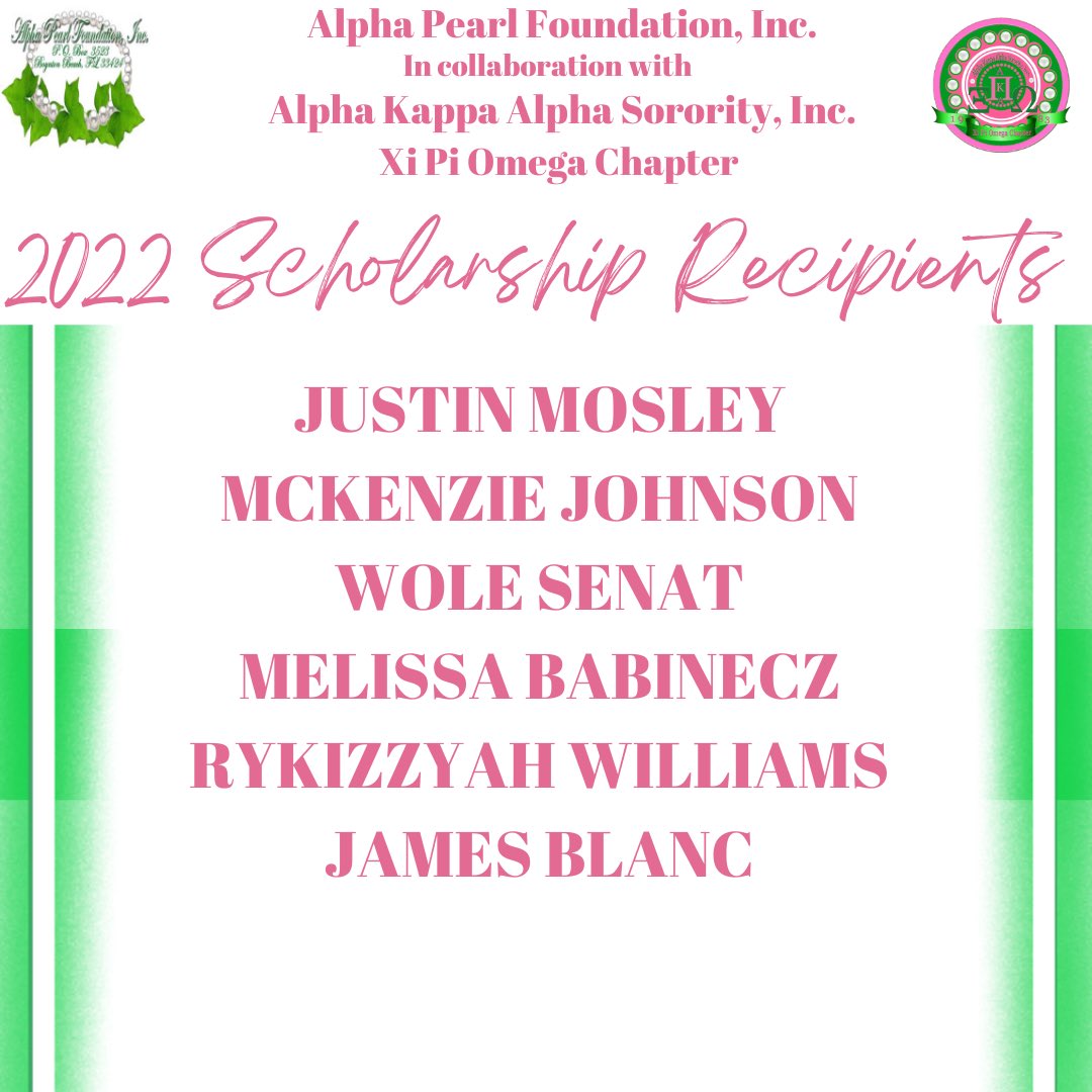 XiPiOmegaAKA's tweet photo. The ladies of Alpha Kappa Alpha Sorority, Inc. Xi Pi Omega Chapter would like to congratulate the 2022 scholarship recipients. We are wishing them the best of luck in all of their future endeavors! 💖💚

#AKA1908 #Scholarships #XiPiOmega https://t.co/2aWIOw3gS2