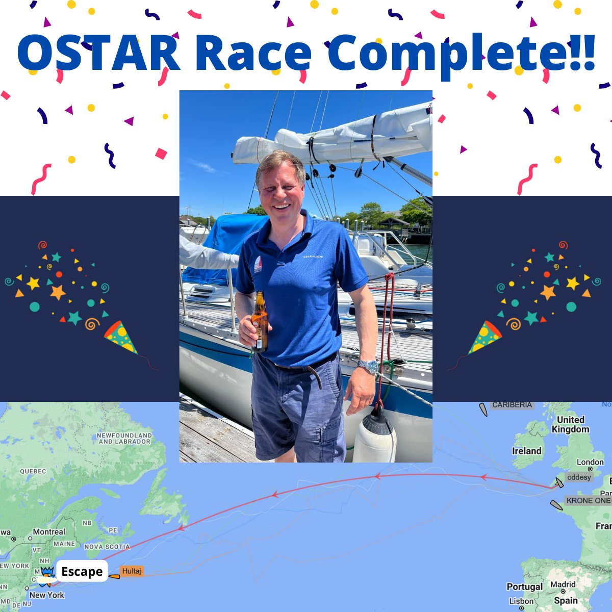 PureBore's tweet image. Congratulations to James Mansell who successfully completed the OSTAR race, arriving 2nd out of the solo competitors!!! 
James crossed the finish line at 11:15, US time, on 10/06/22, after a gruelling 26 days 4 hours and 10 minutes at sea…he must have felt every single second!