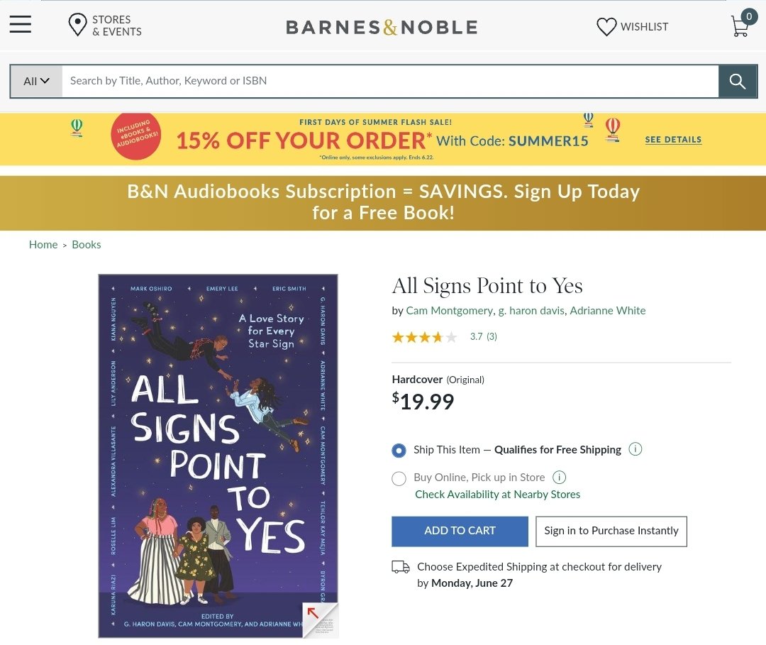 writersrepublic's tweet photo. 15% off summer sale at @bnbuzz includes ALL SIGNS POINT TO YES! Use code SUMMER15, ends 6/22 #AllSignsPointToYes #BooksOnABudget #Sale
💫link: https://t.co/JP3PIRFsgl https://t.co/H940HSwSyi