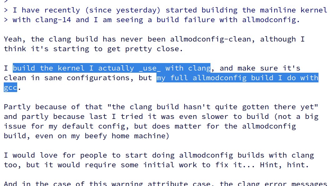 kernellogger's tweet photo. Linus builds the #Linux #kernel he actually uses with #clang from @llvmorg, but does the  allmodconfig checks after big merges using #GCC from @gnutools. 

He shared that today on #LKML: https://t.co/MwonrcXGpW https://t.co/l1M27tpb34