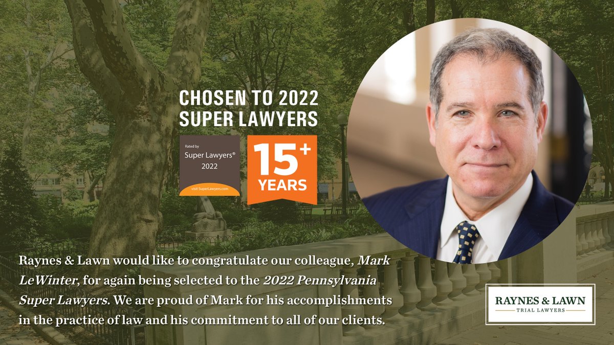 Congratulations to Mark LeWinter who was once again recognized by his peers and named to Pennsylvania Super Lawyers list. Learn more about Mark: rayneslaw.com/attorney/mark-… #SuperLawyers #InjuryAttorney #TrialAttorney #Philadelphia