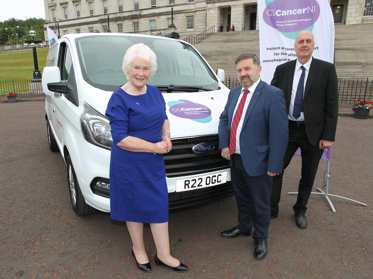 OGCancerNI's tweet photo. This morning, Health Minister @RobinSwannMoH  joined OG Cancer NI at Stormont Buildings to launch the new Mobile Van Unit which was kindly funded by @TNLComFundNI  Joining OG Cancer Chair Helen Setterfield MBE and Robin Swann is Jerome Grace, TNLCommunity Fund https://t.co/EM3v0MzEOt