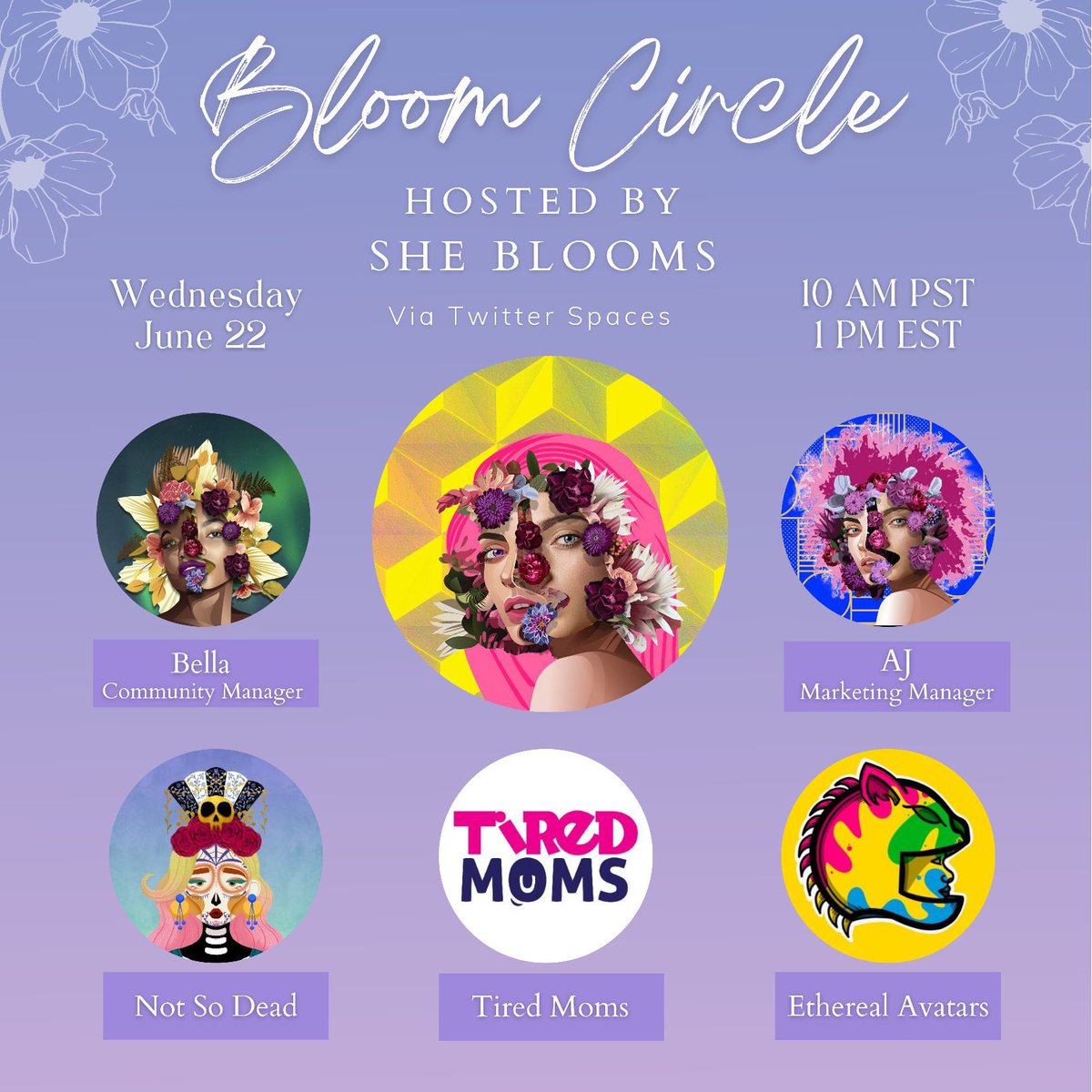 shebloomsnft's tweet photo. Don’t forget to join us this morning for our 🌸Bloom Circle🌸 we’d love to hear from you! https://t.co/jZo5VPZudD https://t.co/VLNlviuCo2