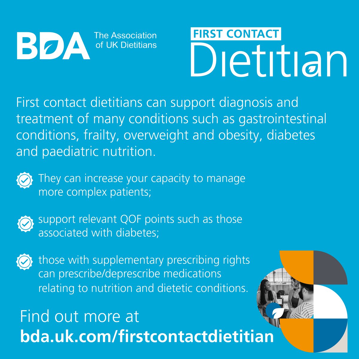 First Contact Dietitians assess, diagnose and treat dietary and nutritional problems using scientific evidence. They help with a range of things including food allergies, losing weight, managing diabetes and more! buff.ly/3xHywpX 

#DW2022 #WhatDietitiansDo