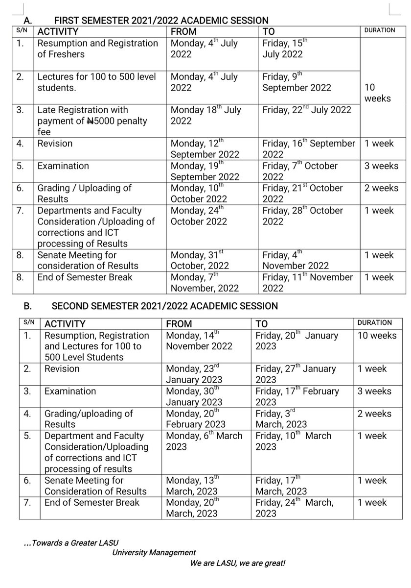 LasuForum's tweet photo. The Senate of @LASUOfficial after the emergency meeting on Friday, 17th June has Reviewed the Academic Calendar for the 2021/2022 Session
๐ ๐
#WeAreLASU #LagosStateUniversity https://t.co/UVIACLwfe6