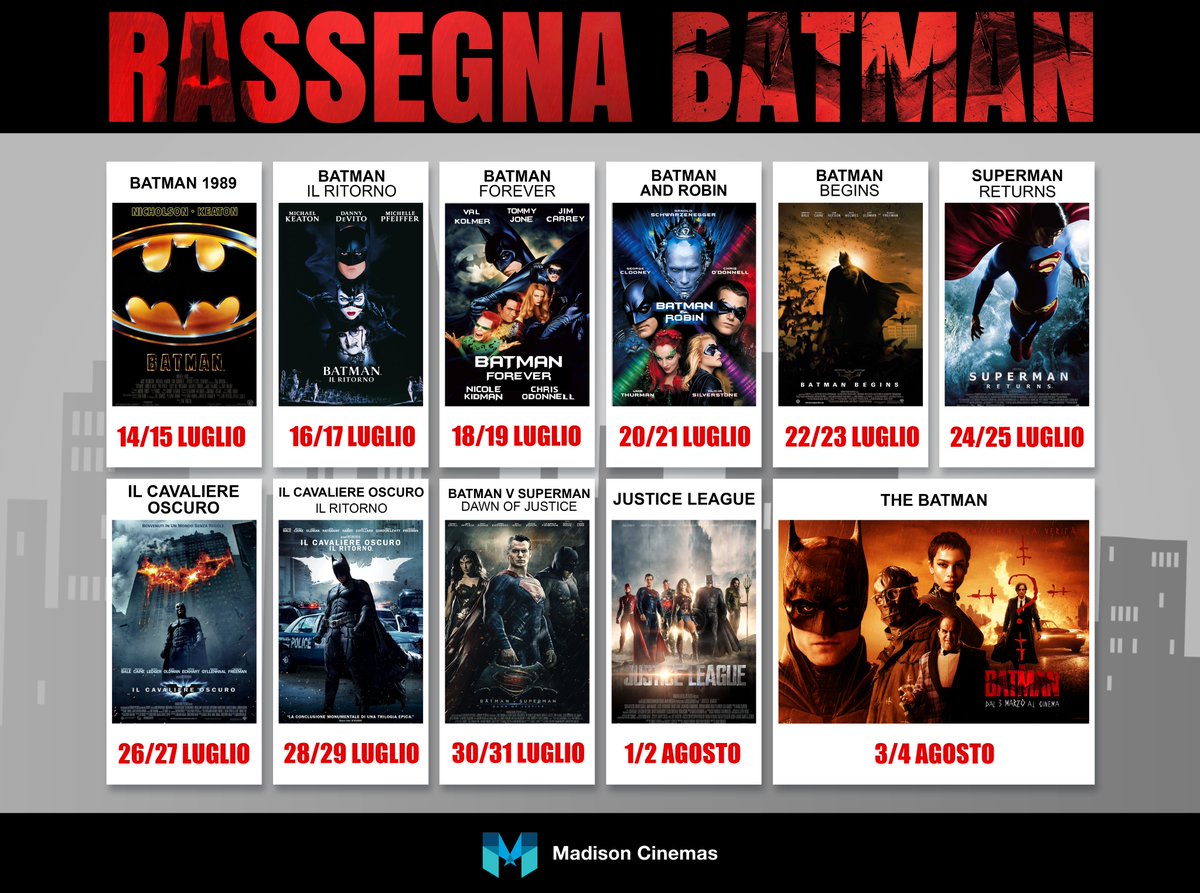 MadisonCinemas's tweet photo. 🦇Preparatevi a rivivere i grandi successi dei film di #Batman 
🎟ACQUISTA I BIGLIETTI👉 https://t.co/iUm8aEaESl
*La tariffa dello spettacolo è 8,50 €
#MadisonCinemas #RassegnaBatman https://t.co/jpeqt0vsP9