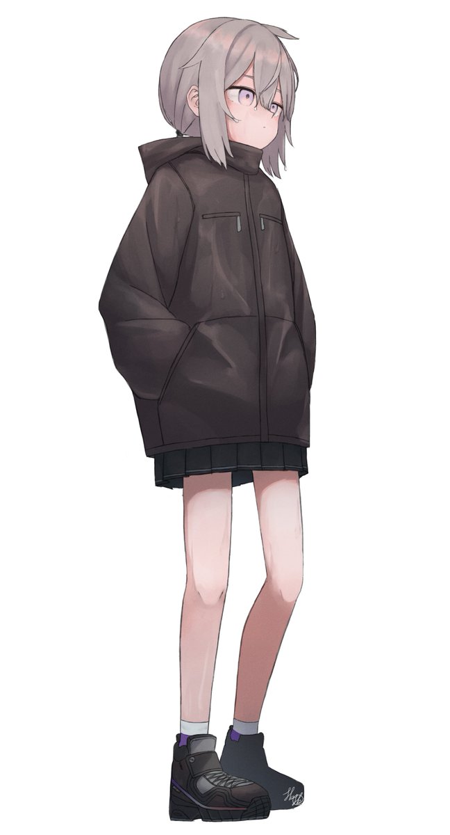 m200 (girls' frontline) 1girl solo skirt jacket white background hands in pockets grey hair  illustration images