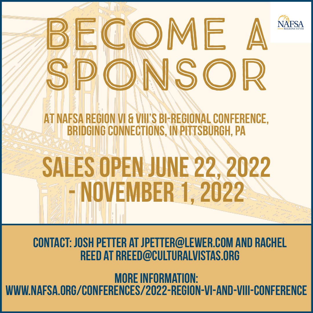 The NAFSA Regions VI and VIII Conference Expo and Sponsorship Sales Portal is now live! Take advantage of visibility and access to both new and existing clients through our exhibit space and sponsorships this fall. Register now at: nafsa.org/conferences/20…