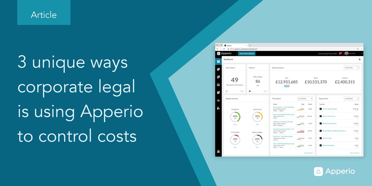 ApperioLtd's tweet photo. 1. Getting overall legal spend in one place
2. Keeping tabs on decentralized legal spend 
3. Using data to decide how to source legal work

Discover how 3 of our customers are uniquely using Apperio to control costs: https://t.co/3AybTYWYHr
@CTILUK @RoyalLondon @PhoenixGroupUK https://t.co/zKJ2MyDdCQ