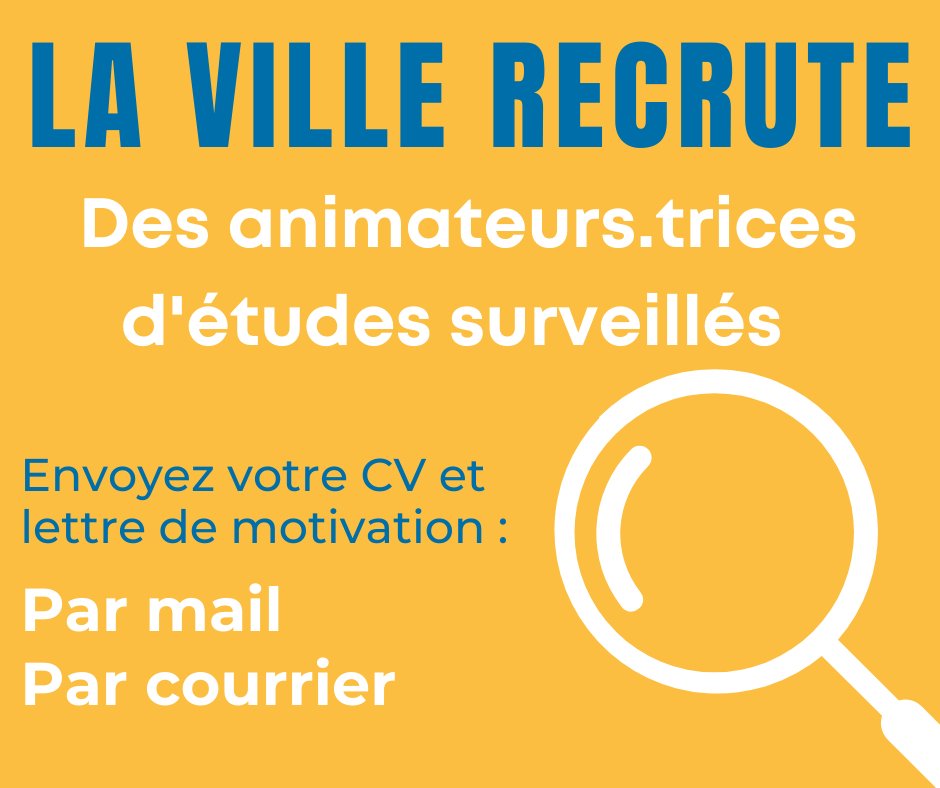 Bessancourt95's tweet photo. 👧🧒📙 La ville recrute des animateurs.trices d'études surveillés .
📄🖊 CV + Lettre de Motivation : ressources.humaines@ville-bessancourt.fr
Consultez les détails de l'offre 👉 :   https://t.co/bin8Rnr4t3 #recrutement #animateurs #animatrices #bessancourt #villedebessancourt https://t.co/5BFuQm2uiV