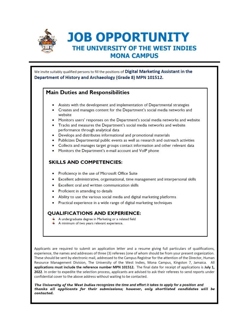 History_UWIMona's tweet photo. Job opportunity in the Department of History and Archaeology at the UWI Mona. Please send applications to history@uwimona.edu.jm https://t.co/LF3byOp7px