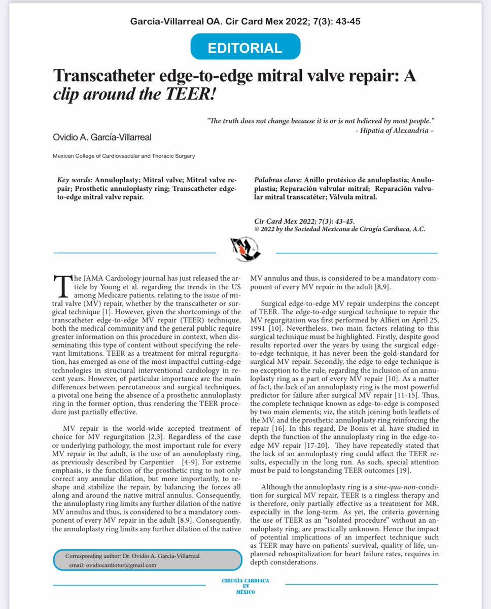 My editorial about TEER:
“Transcatheter edge-to-edge mitral valve repair: A
clip around the TEER!” #TERR #mitralvalverepair #FMR #mitralvalve 

circardmex.org/_files/ugd/d2b…