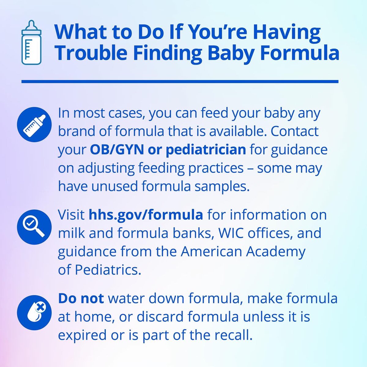 There’s no greater responsibility than protecting our children. That’s why the Biden-Harris Administration is doing everything we can to help families find baby formula.
 
To find resources visit hhs.gov/formula.