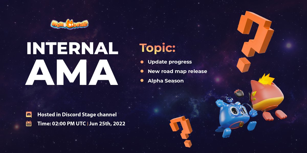 Been a while since we last shared the stage with you guys.

This Saturday, join the AMA in our Discord to:
🔸 Listen to updates of our recent progress
🔸 Discuss some (exciting) changes to the roadmap 
🔸 Explain the mechanics of Alpha Season in detail

See you there, Nekozens!