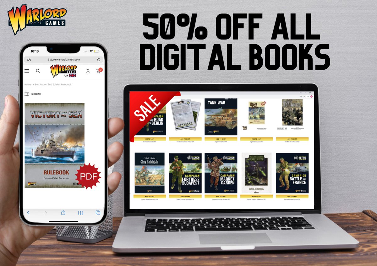 For a limited time we're offering a whopping 50% off all our digital rulebooks and supplements.
This offer applies to all our digital books across all our game systems, including the never before available Victory at Sea Digital Rulebook* 

store.warlordgames.com/collections/di…