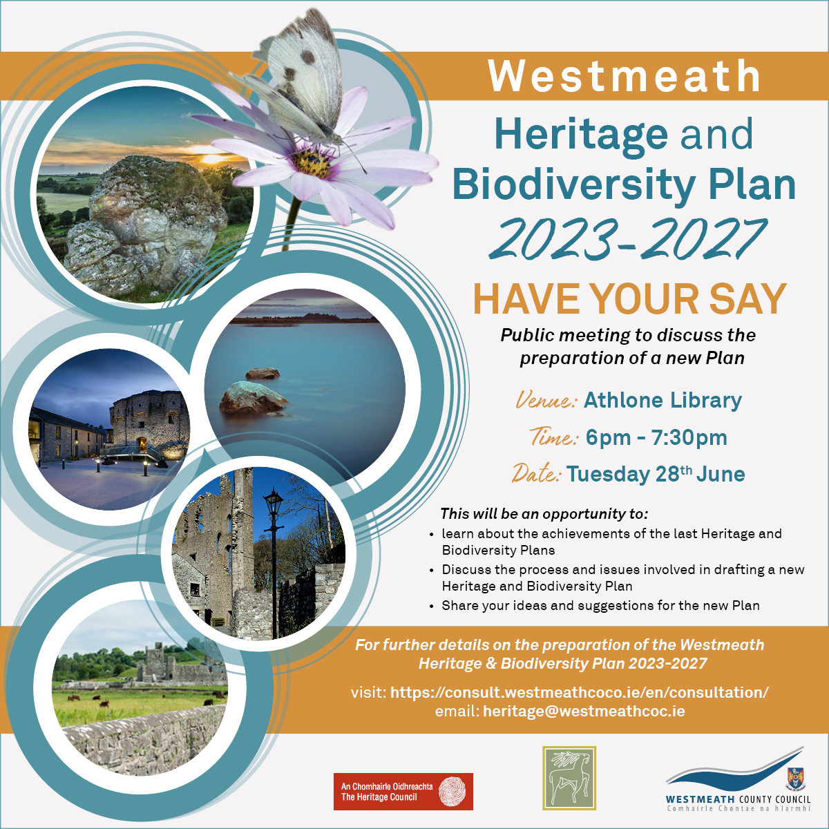 Meeting tonight regarding Westmeath Heritage & Biodiversity Plan in Athlone Library. See poster for details. @westmeathcoco #westmeath #biodiversity #heritage #haveyoursay