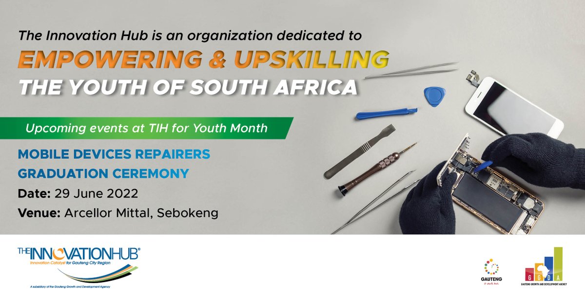The Innovation hub skills development programme  will be hosting a Mobile Repairers graduation ceremony in Sebokeng on the 29th of June 2022. Join us as we celebrate #youth gaining #SkillsForLife  #YouthMonth