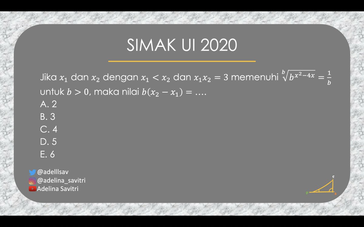 adelllsav's tweet photo. PEMBAHASAN SOAL EKSPONENSIAL
🔥SIMAK UI 2020🔥
a thread
#studytwt #AMBISVERSE #SIMAKUI #MatDas #MathDailyUpdates https://t.co/HldFY1pGg0