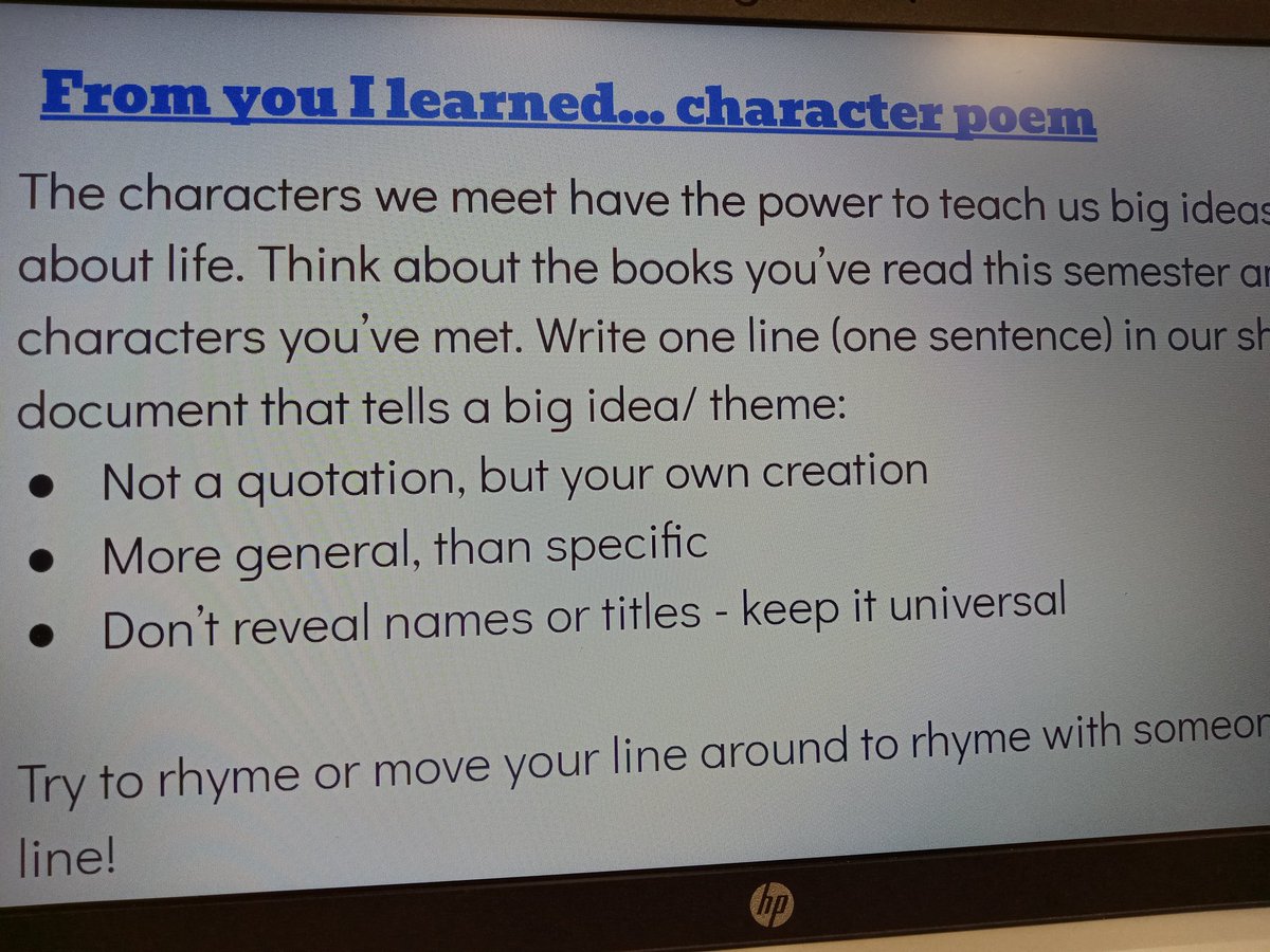 We learn a lot from the characters we meet. Today we collaborated on a poem crafted from big ideas and themes 'learned' from the characters we've met along the way <a href="/MontcalmCougars/">Montcalm Cougars</a>  #ENG2P #ThemeStuff